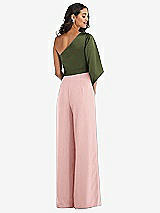 Rear View Thumbnail - Rose & Olive Green One-Shoulder Bell Sleeve Jumpsuit with Pockets