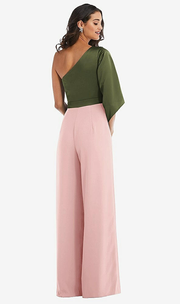 Back View - Rose & Olive Green One-Shoulder Bell Sleeve Jumpsuit with Pockets