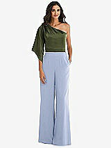 Front View Thumbnail - Sky Blue & Olive Green One-Shoulder Bell Sleeve Jumpsuit with Pockets