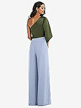 Rear View Thumbnail - Sky Blue & Olive Green One-Shoulder Bell Sleeve Jumpsuit with Pockets