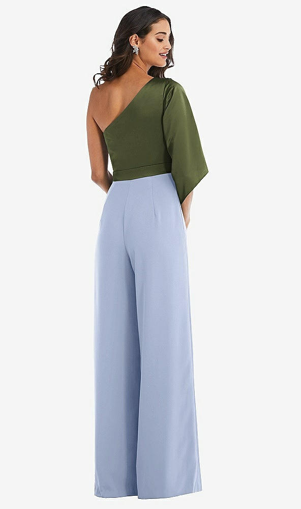Back View - Sky Blue & Olive Green One-Shoulder Bell Sleeve Jumpsuit with Pockets