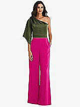 Front View Thumbnail - Think Pink & Olive Green One-Shoulder Bell Sleeve Jumpsuit with Pockets