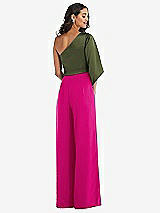 Rear View Thumbnail - Think Pink & Olive Green One-Shoulder Bell Sleeve Jumpsuit with Pockets