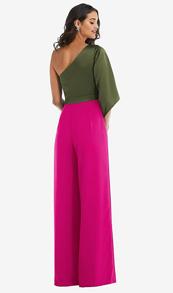 Back View - Think Pink & Olive Green One-Shoulder Bell Sleeve Jumpsuit with Pockets
