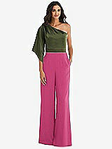 Front View Thumbnail - Tea Rose & Olive Green One-Shoulder Bell Sleeve Jumpsuit with Pockets