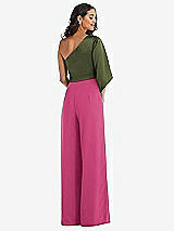 Rear View Thumbnail - Tea Rose & Olive Green One-Shoulder Bell Sleeve Jumpsuit with Pockets