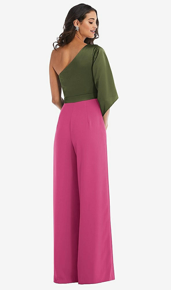 Back View - Tea Rose & Olive Green One-Shoulder Bell Sleeve Jumpsuit with Pockets