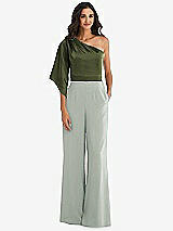Front View Thumbnail - Willow Green & Olive Green One-Shoulder Bell Sleeve Jumpsuit with Pockets