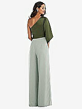 Rear View Thumbnail - Willow Green & Olive Green One-Shoulder Bell Sleeve Jumpsuit with Pockets
