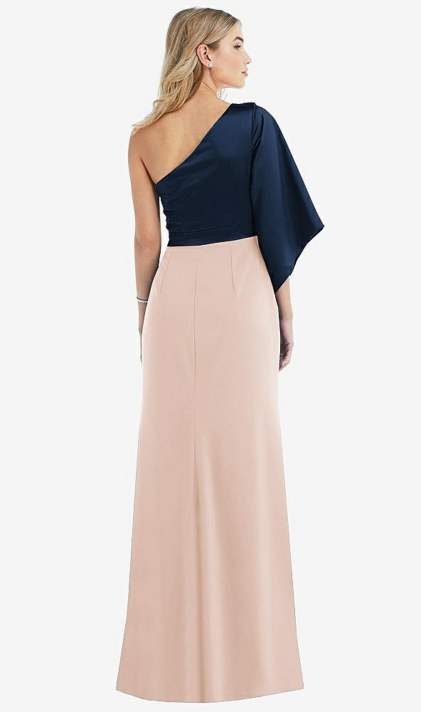 Back View - Cameo & Midnight Navy One-Shoulder Bell Sleeve Trumpet Gown