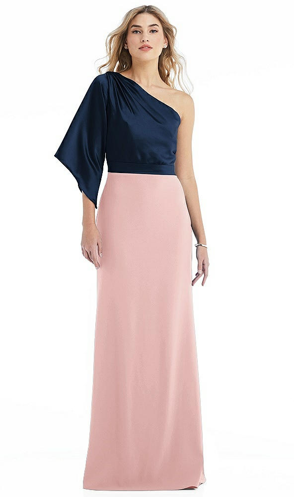 Front View - Rose & Midnight Navy One-Shoulder Bell Sleeve Trumpet Gown
