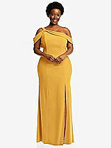 Front View Thumbnail - NYC Yellow One-Shoulder Draped Cuff Maxi Dress with Front Slit