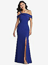 Alt View 1 Thumbnail - Cobalt Blue One-Shoulder Draped Cuff Maxi Dress with Front Slit