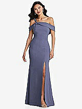 Alt View 1 Thumbnail - French Blue One-Shoulder Draped Cuff Maxi Dress with Front Slit