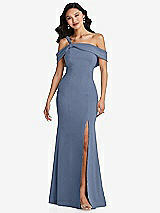 Alt View 1 Thumbnail - Larkspur Blue One-Shoulder Draped Cuff Maxi Dress with Front Slit