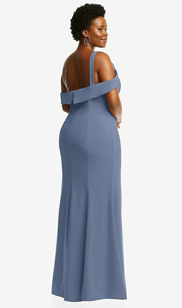 Back View - Larkspur Blue One-Shoulder Draped Cuff Maxi Dress with Front Slit