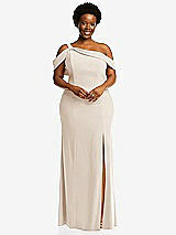Front View Thumbnail - Oat One-Shoulder Draped Cuff Maxi Dress with Front Slit