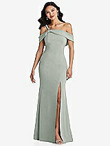 Alt View 1 Thumbnail - Willow Green One-Shoulder Draped Cuff Maxi Dress with Front Slit