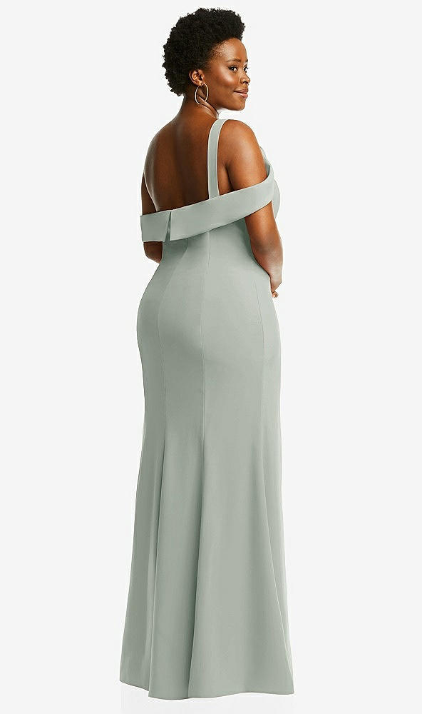Back View - Willow Green One-Shoulder Draped Cuff Maxi Dress with Front Slit