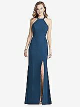 Rear View Thumbnail - Dusk Blue High-Neck Halter Dress with Twist Criss Cross Back 