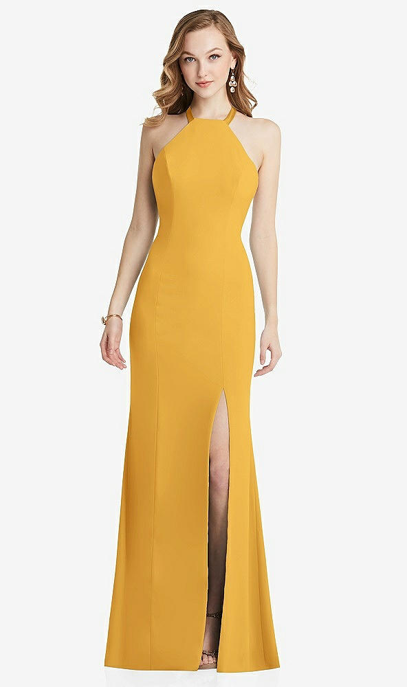 Back View - NYC Yellow High-Neck Halter Dress with Twist Criss Cross Back 