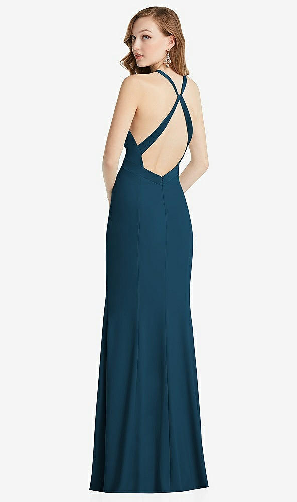 Front View - Atlantic Blue High-Neck Halter Dress with Twist Criss Cross Back