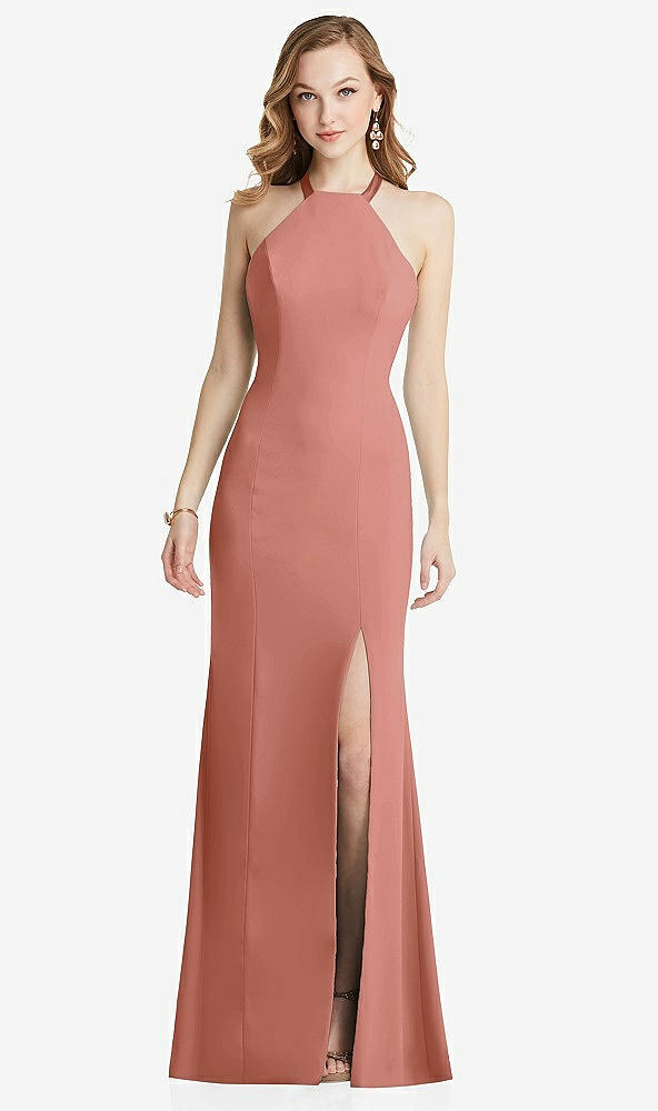 Back View - Desert Rose High-Neck Halter Dress with Twist Criss Cross Back 