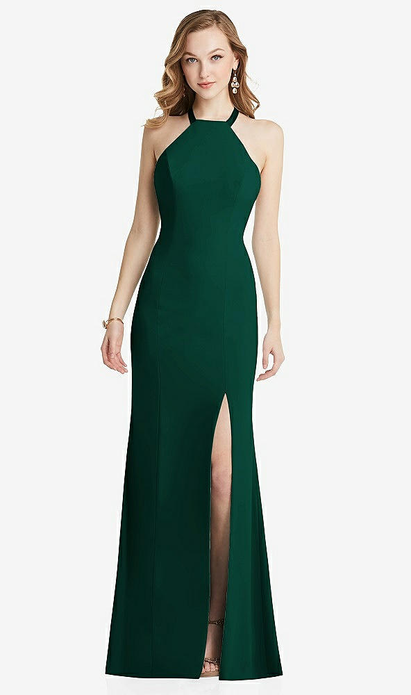 Back View - Hunter Green High-Neck Halter Dress with Twist Criss Cross Back