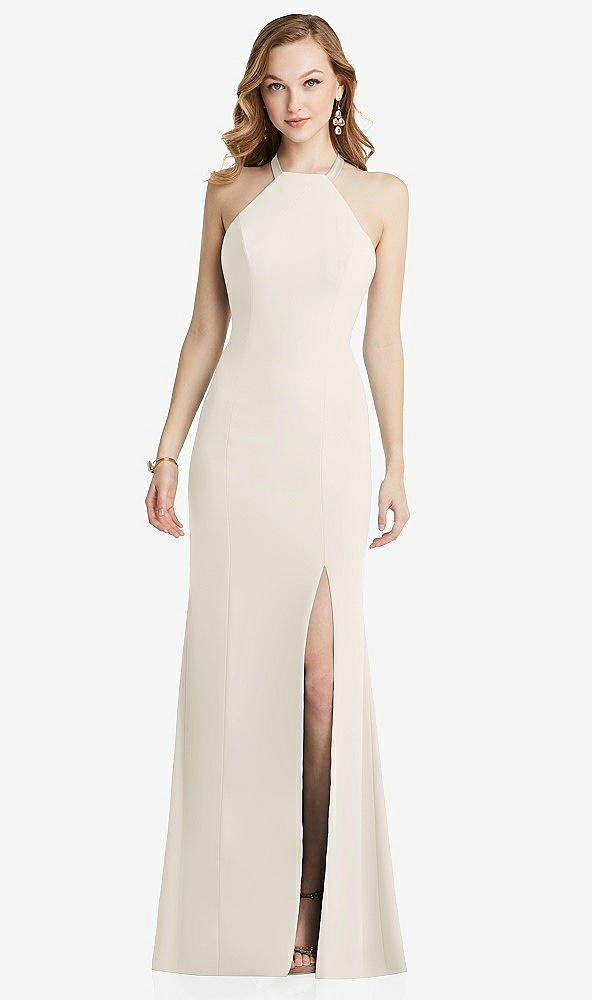 Back View - Ivory High-Neck Halter Dress with Twist Criss Cross Back