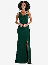 Front View Thumbnail - Hunter Green One-Shoulder Draped Cowl-Neck Maxi Dress