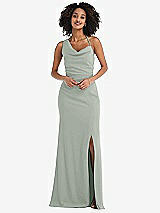 Front View Thumbnail - Willow Green One-Shoulder Draped Cowl-Neck Maxi Dress