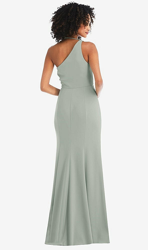 Back View - Willow Green One-Shoulder Draped Cowl-Neck Maxi Dress