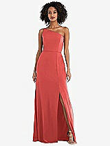 Alt View 1 Thumbnail - Perfect Coral Skinny One-Shoulder Trumpet Gown with Front Slit
