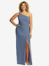 Front View Thumbnail - Larkspur Blue Skinny One-Shoulder Trumpet Gown with Front Slit