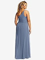 Rear View Thumbnail - Larkspur Blue Skinny One-Shoulder Trumpet Gown with Front Slit