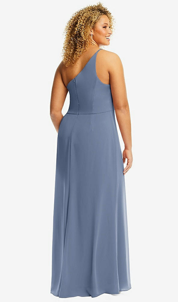 Back View - Larkspur Blue Skinny One-Shoulder Trumpet Gown with Front Slit