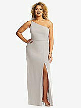 Front View Thumbnail - Oyster Skinny One-Shoulder Trumpet Gown with Front Slit