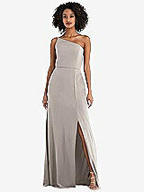 Alt View 1 Thumbnail - Taupe Skinny One-Shoulder Trumpet Gown with Front Slit