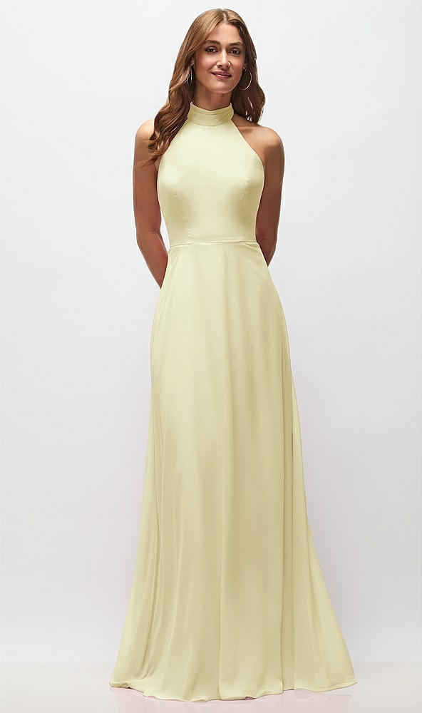 Front View - Butter Yellow High Neck Halter Backless Maxi Dress