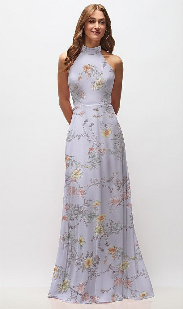 Front View - Butterfly Botanica Silver Dove High Neck Halter Backless Maxi Dress