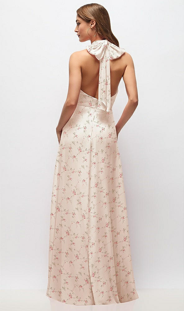 Back View - Coquette Floral Print High Neck Halter Backless Maxi Dress