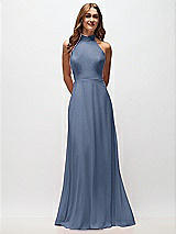 Front View Thumbnail - Larkspur Blue High Neck Halter Backless Maxi Dress