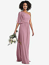 Alt View 1 Thumbnail - Dusty Pink One-Shoulder Bell Sleeve Chiffon Maxi Dress