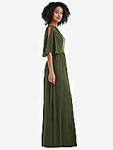 Side View Thumbnail - Olive Green One-Shoulder Bell Sleeve Chiffon Maxi Dress