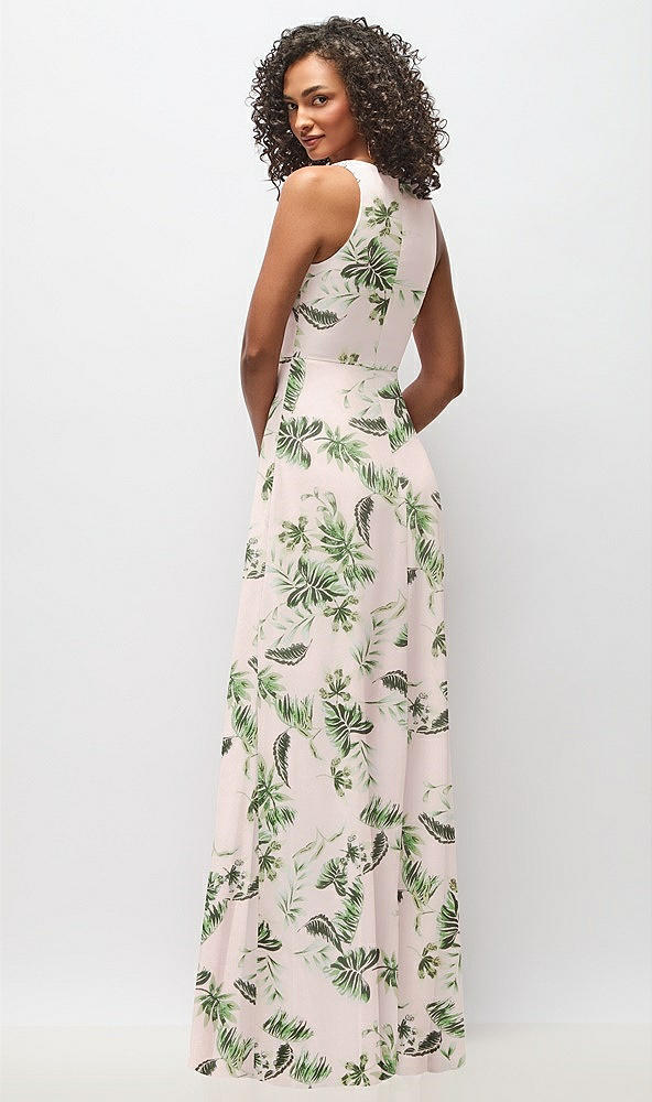 Back View - Palm Beach Print Deep V-Neck Chiffon Maxi Dress