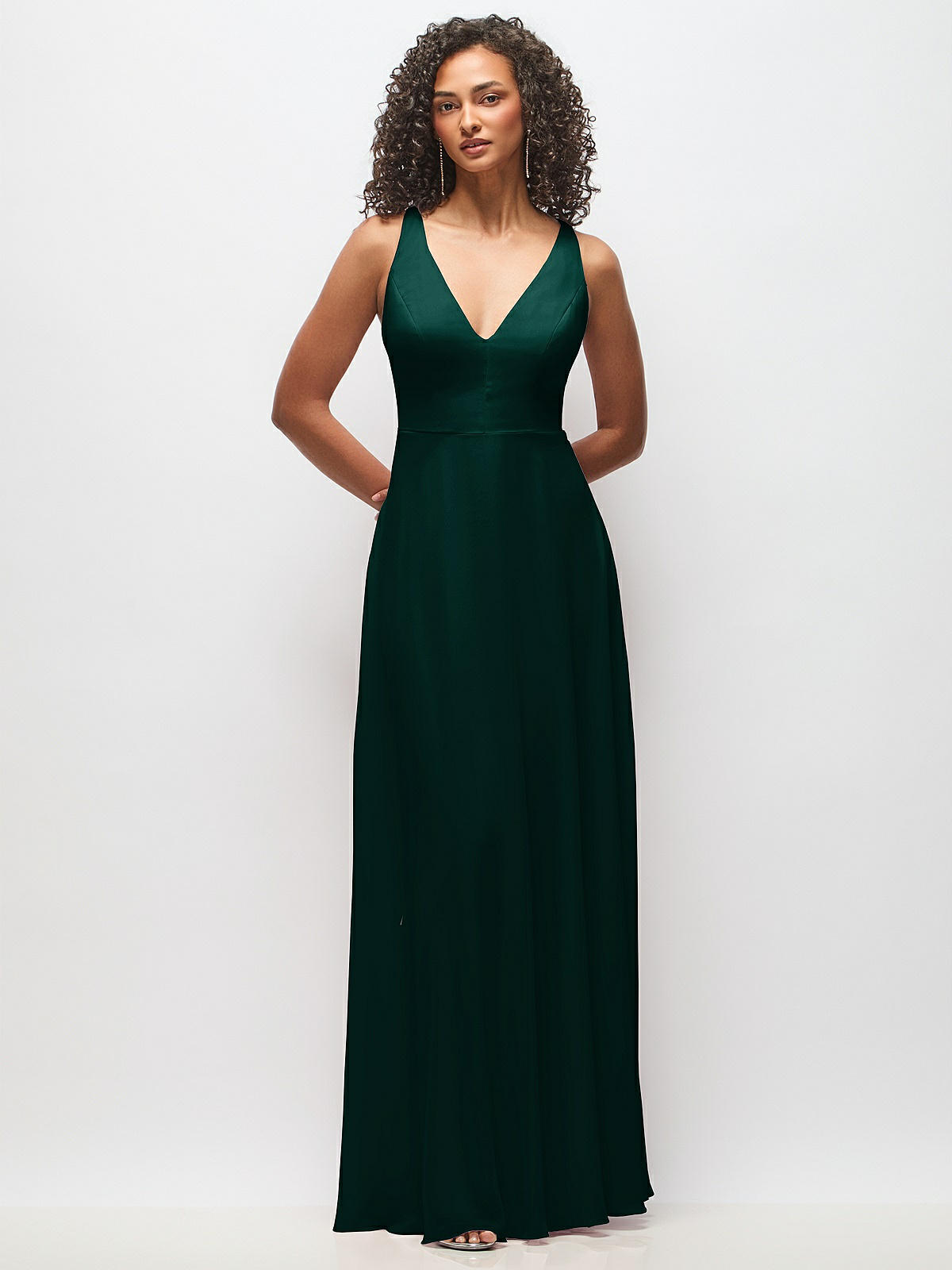 Haley Deep V Neck Chiffon Dress Deep V-neck Chiffon Maxi Bridesmaid Dress  In Evergreen The
