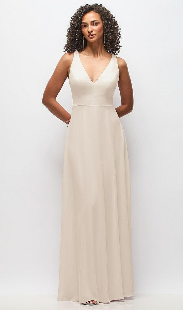 Front View - Oat Deep V-Neck Chiffon Maxi Dress