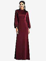 Front View Thumbnail - Cabernet High Collar Puff Sleeve Trumpet Gown - Darby