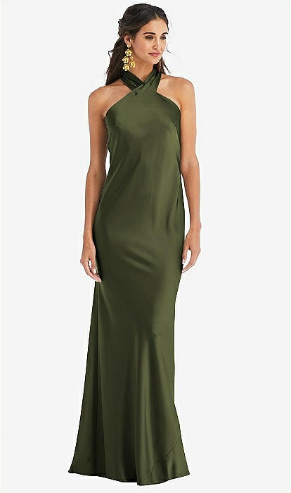 Draped Twist Halter Tie-back Trumpet Bridesmaid Dress In Olive