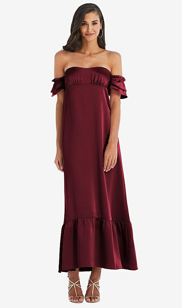 Front View - Cabernet Ruffled Off-the-Shoulder Tiered Cuff Sleeve Midi Dress